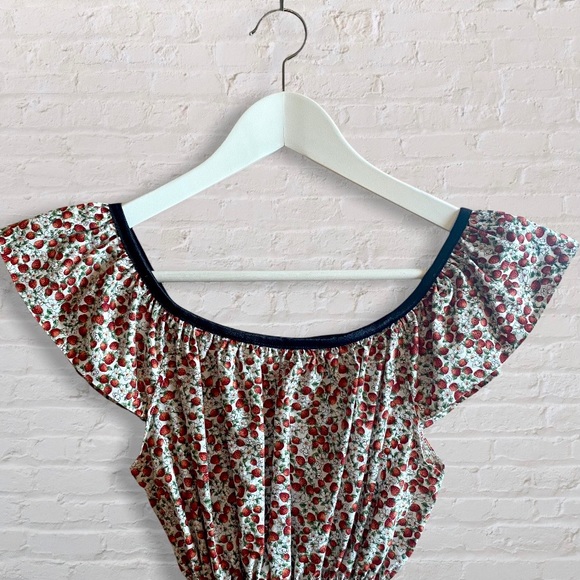 Minkie Strawberry Print Pattern Off the Shoulder Mini Dress Elastic Waist - Picture 3 of 7